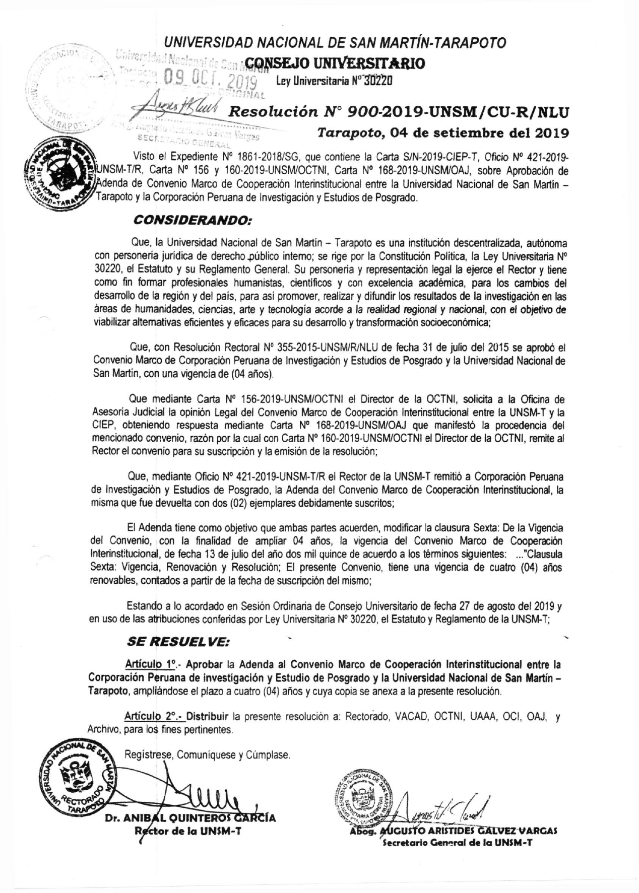 316D0E Resolucion N° 900 2019 Unsm Cu R Nlu.,